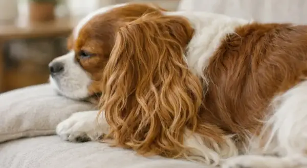 Spaniel Cavalier King Charles leżący na kanapie, z rudymi i białymi włosami.